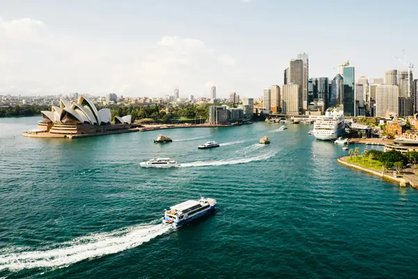 Sydney Harbour with the Opera House and ferries